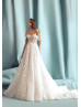 Off Shoulder Beaded Ivory Lace Tulle Floral Wedding Dress